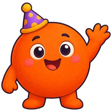 Bobo, a round orange character in a purple party hat, waving hello