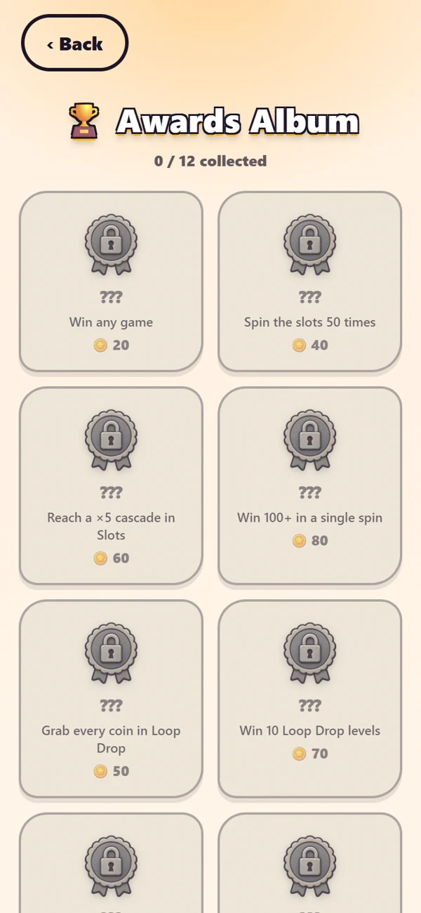 Awards Album screen showing locked badges with their unlock conditions and coin rewards