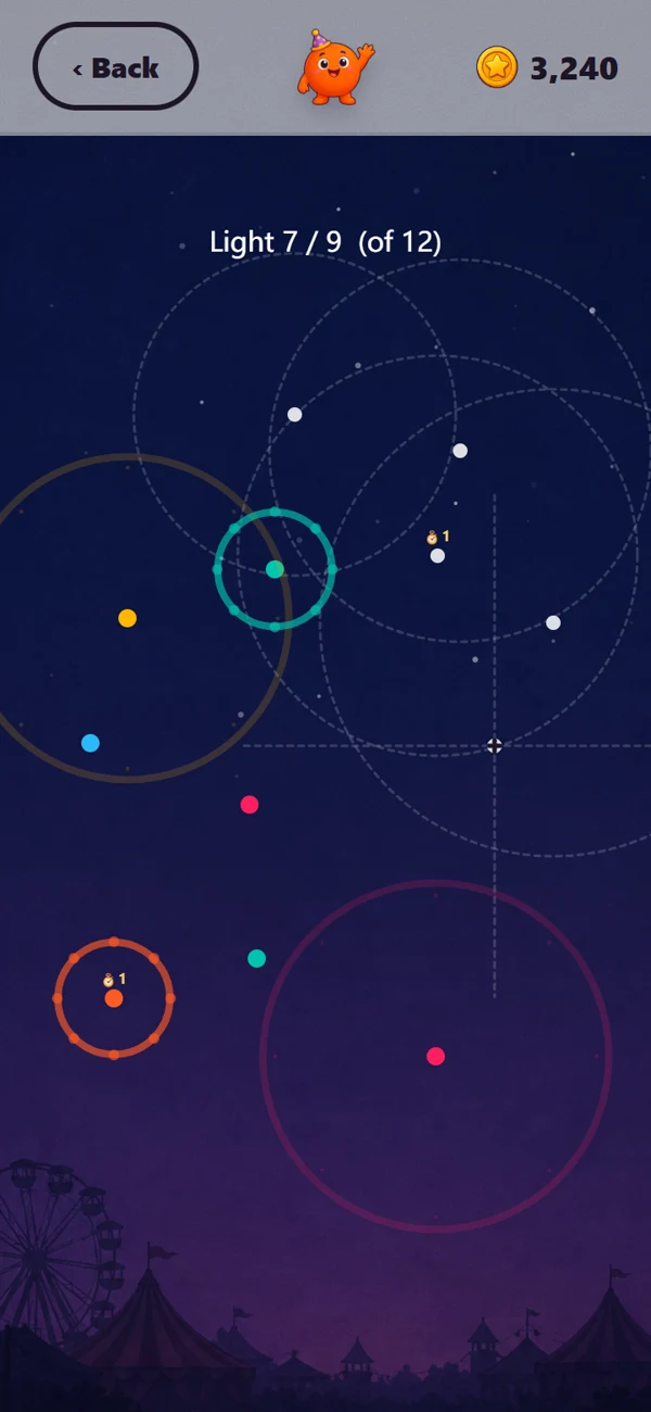 Fuse screen over a night fairground, showing twelve coloured fireworks with overlapping blast circles and a counter reading Light 7 of 9