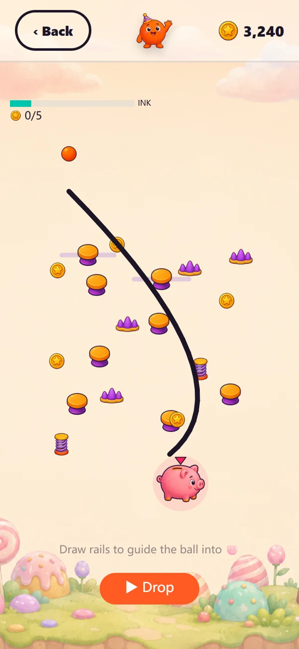 Loop Drop screen with a hand-drawn black rail curving past mushroom pegs, springs and spikes, guiding a ball toward a pink piggy bank