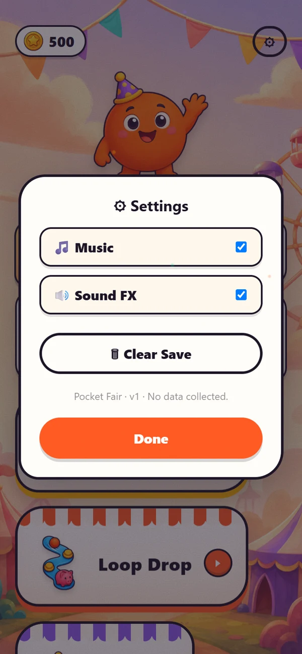 The in-game Settings panel of Bobo Spin Party, showing Music, Sound FX, a Clear Save button, and the line 'No data collected.'