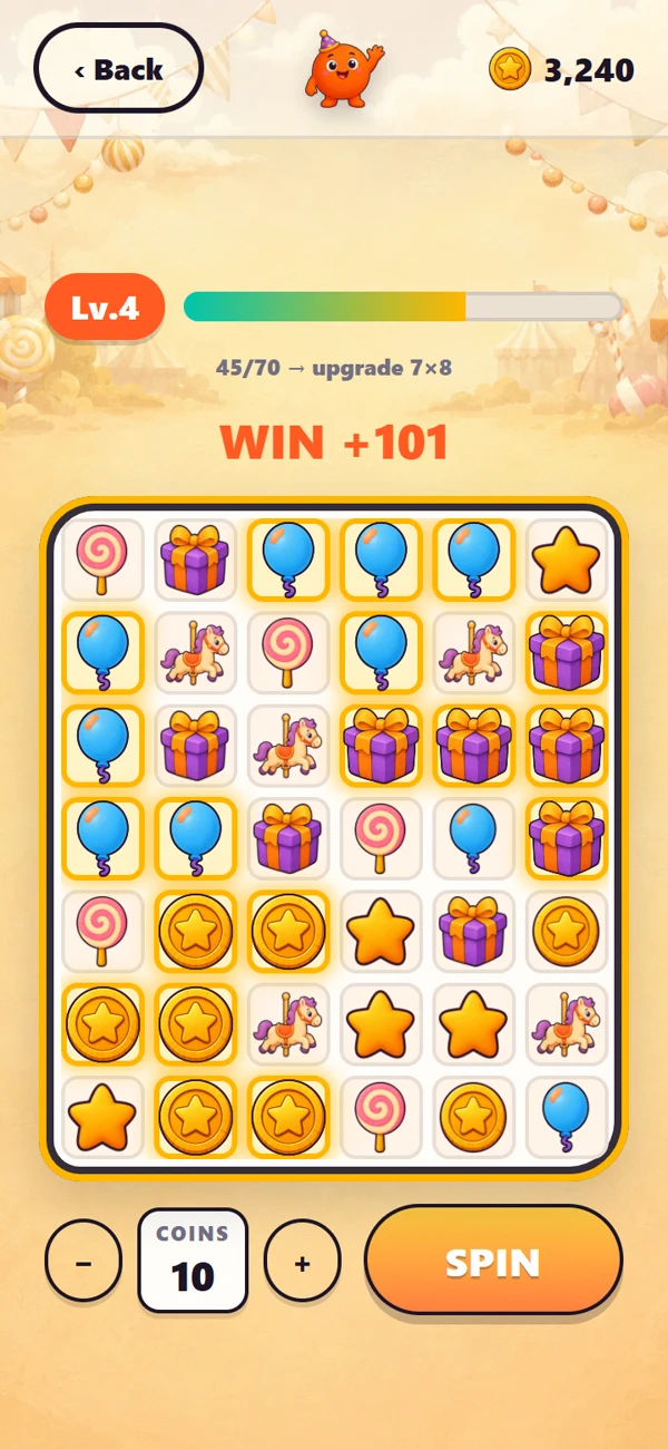 Lucky Stall at level 4, a 6 by 7 grid of balloons, gifts, coins and carousel horses with a WIN +101 banner above it and a large SPIN button below